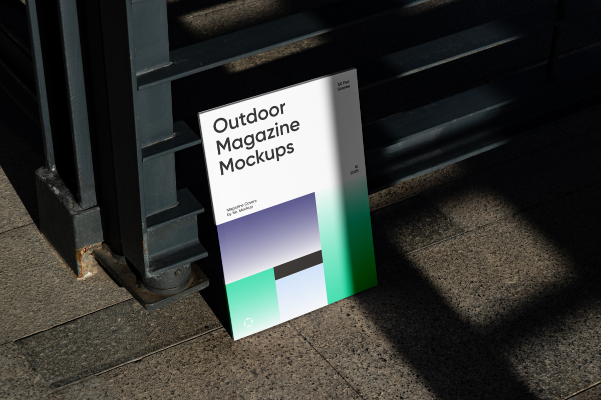 Front View, Outdoor Magazine Mockup with three gradient shades and strong typography design resists on metal fence in black color.