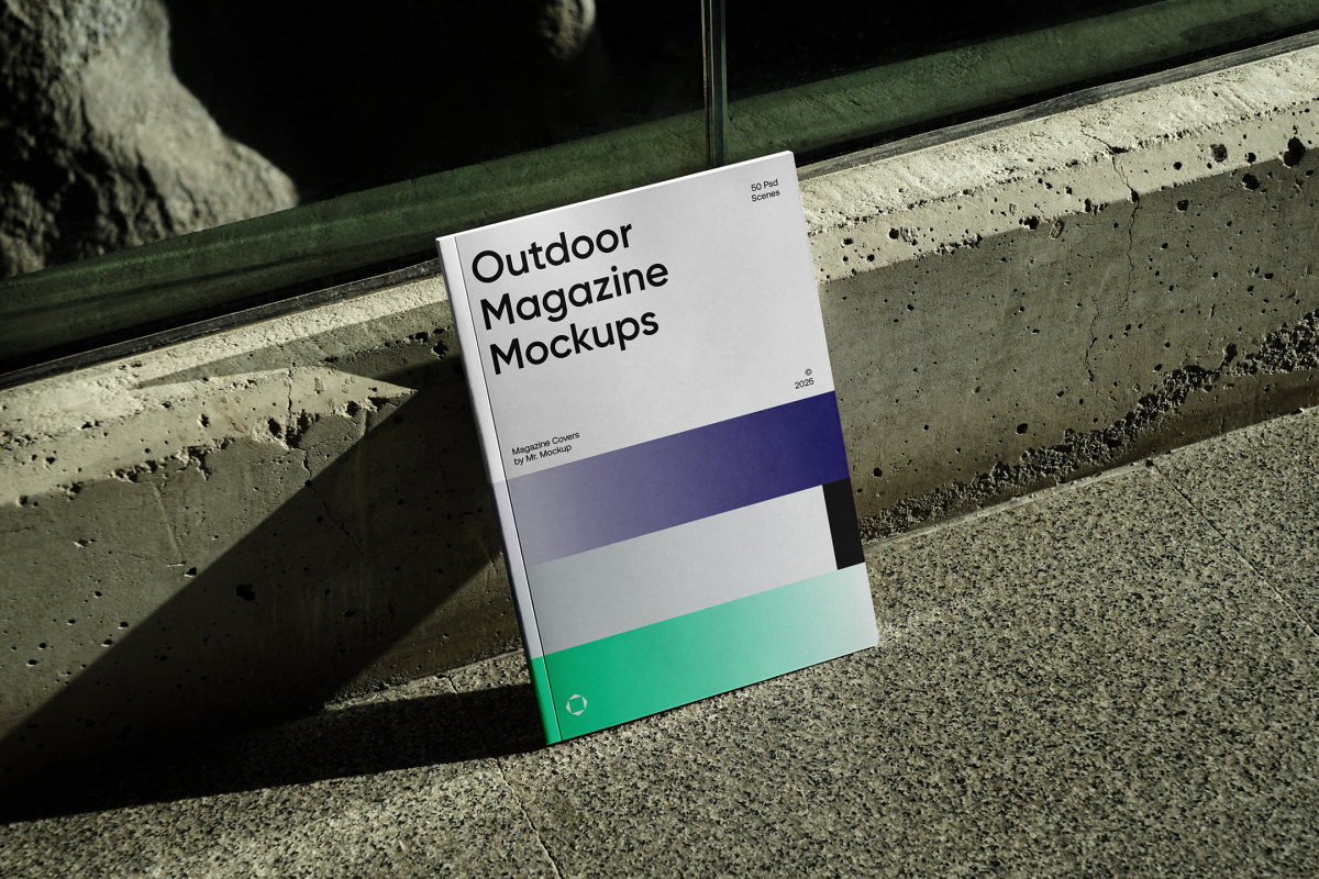 Front View, Outdoor Magazine Mockup with three gradient shades and strong typography design resists on concrete curb.