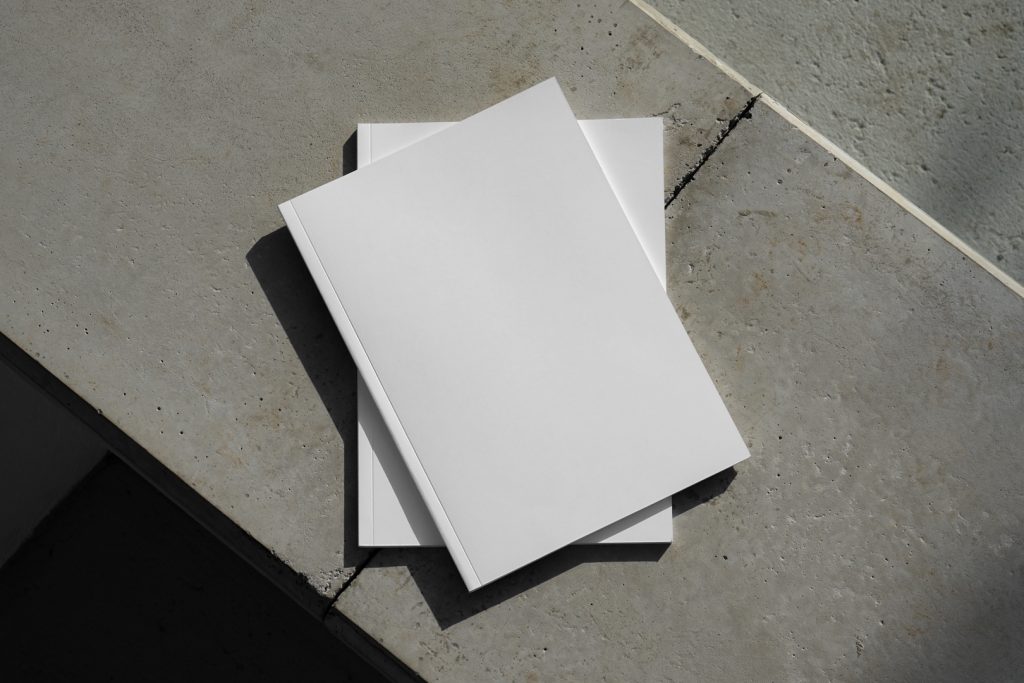View from above of two white outdoor magazine mockups lying on concrete slabs.