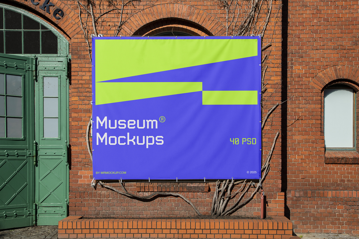Front view, Rectangle Banner Mockup with white, purple, and neon green geometric design attached to the classic brick colored wall on an old building elevation. Scene from our Museum Mockups product.