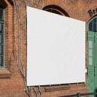 Front view, White Rectangle Banner Mockup attached to the classic brick colored wall on an old building elevation. Scene from our Museum Mockups product.