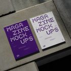View from above of an Two Outdoor Magazine Mockup with strong purple typography design lying on concrete slabs.