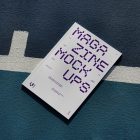 View from above of outdoor magazine mockups with strong purple typography design lying on a basketball court.