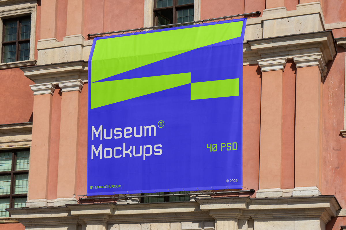 Front view, Rectangle Banner Mockup with white, purple, and neon green geometric design hanging on the old building elevation. Scene from our Museum Mockups product.