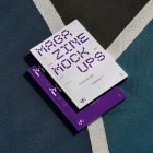 View from above of two outdoor magazine mockups with strong purple typography designs lying on a basketball court.