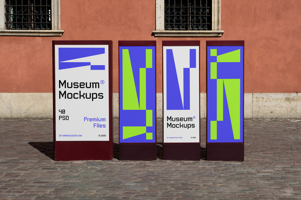 Front view, Four Vertical Poster Mockups with white, black, purple, and neon green geometric designs standing in front of the old building. Scene from our Museum Mockups product.