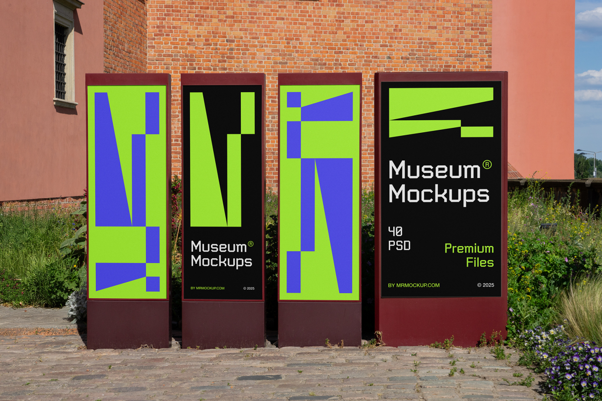 Front view, Four Vertical Poster Mockups with white, black, purple, and neon green geometric designs standing in front of the old building. Scene from our Museum Mockups product.