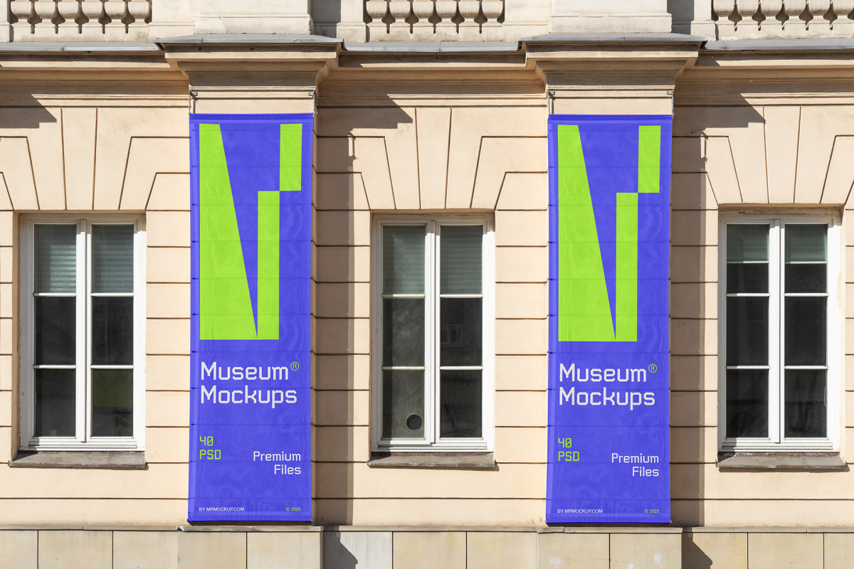Front view, Two Hanging Banner Mockups with white, purple, and neon green geometric designs on an old building elevation. Scene from our Museum Mockups product.