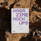 Front view, outdoor magazine mockup with strong purple typography design standing on the boulders.