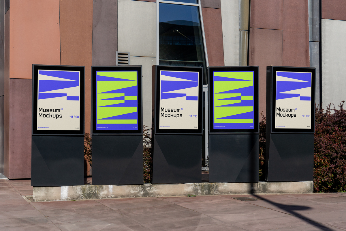 Front view, Five Poster Mockups with purple, black, beige, and neon green geometric designs standing in front of the modern architecture building. Scene from our Museum Mockups product.