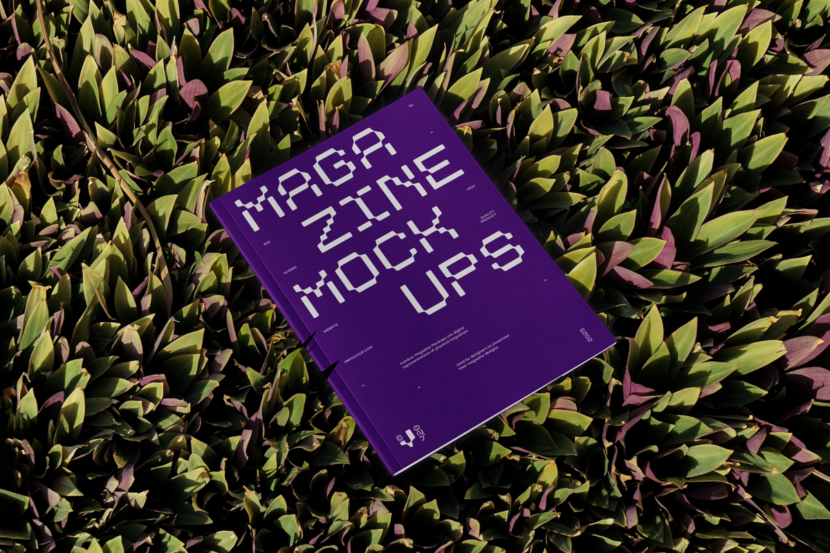 View from above of outdoor magazine mockups with strong purple typography design lying on succulent flowers.