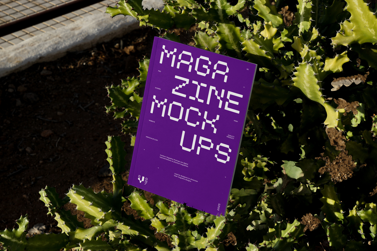 Front view, of outdoor magazine mockups with strong purple typography design standing on and be between the cactus.