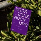 Front view, of outdoor magazine mockups with strong purple typography design standing on and be between the cactus.