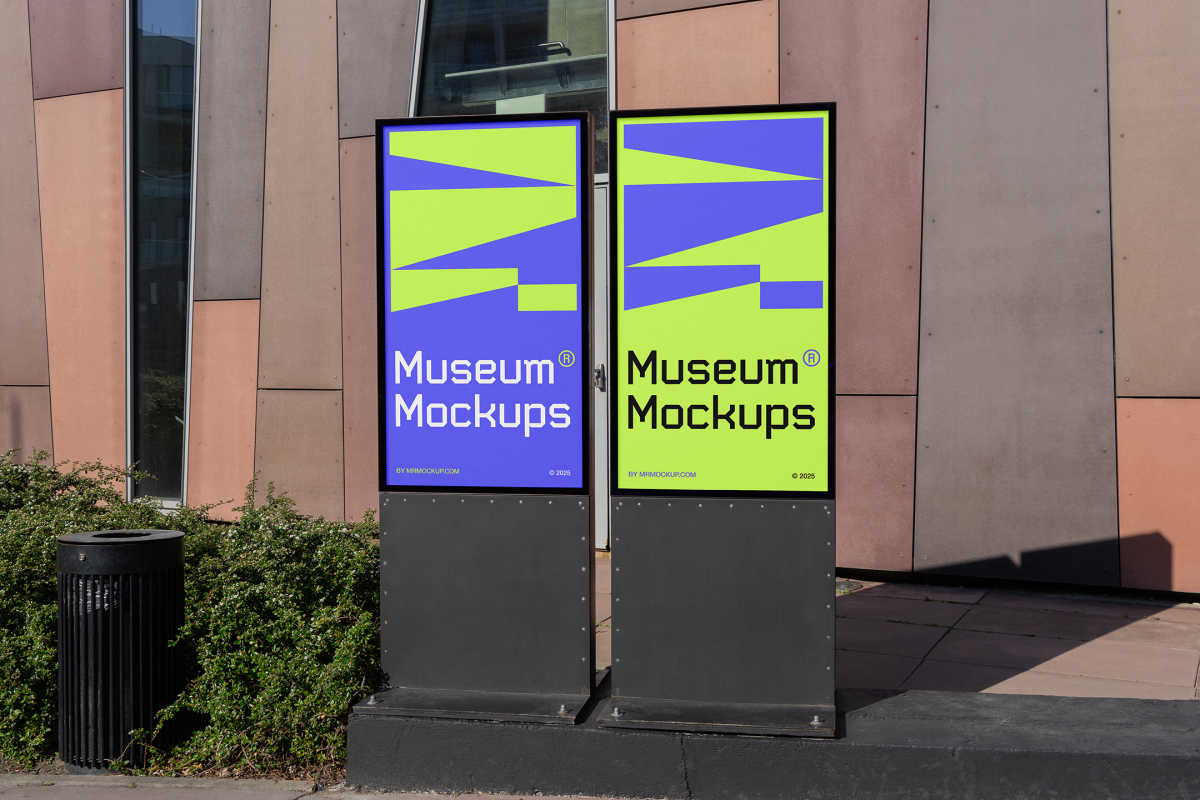 Front view, Two Poster Mockups with purple, black, beige, and neon green geometric designs standing in front of the modern architecture building. Scene from our Museum Mockups product.