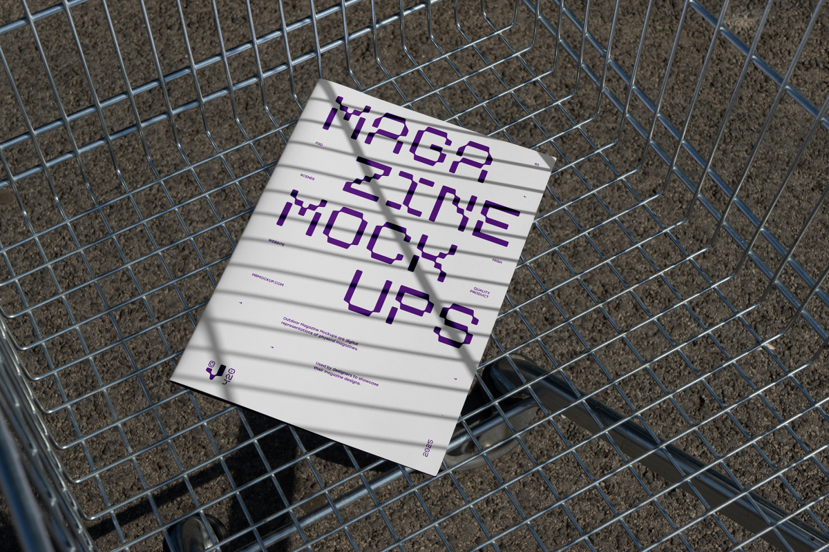 View from above of outdoor magazine mockups with strong purple typography design lying in the shopping cart.