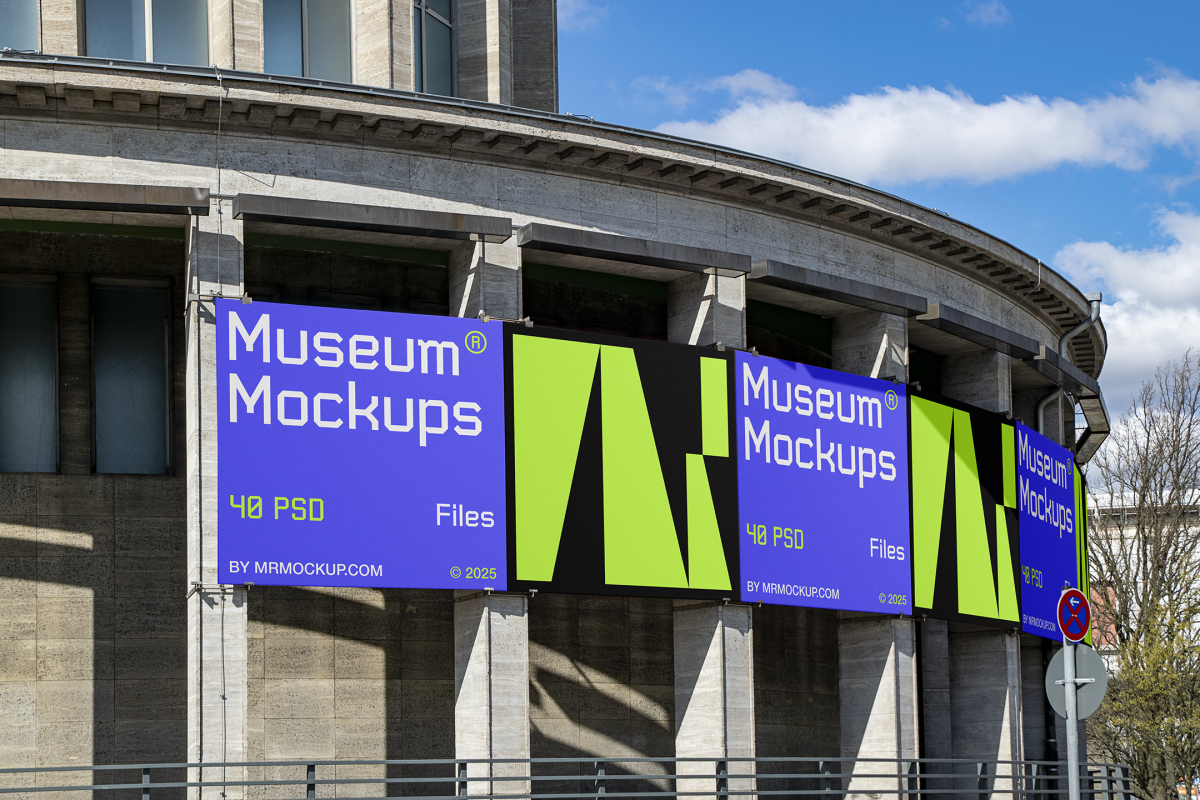 Front view, divided into six parts, Banner Mockup with purple, white, black, and neon green geometric designs attached to the concrete poles. Scene from our Museum Mockups product.