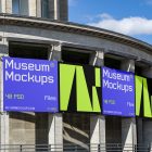 Front view, divided into six parts, Banner Mockup with purple, white, black, and neon green geometric designs attached to the concrete poles. Scene from our Museum Mockups product.