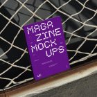 Front view, of outdoor magazine mockups with strong purple typography design resists on string net.