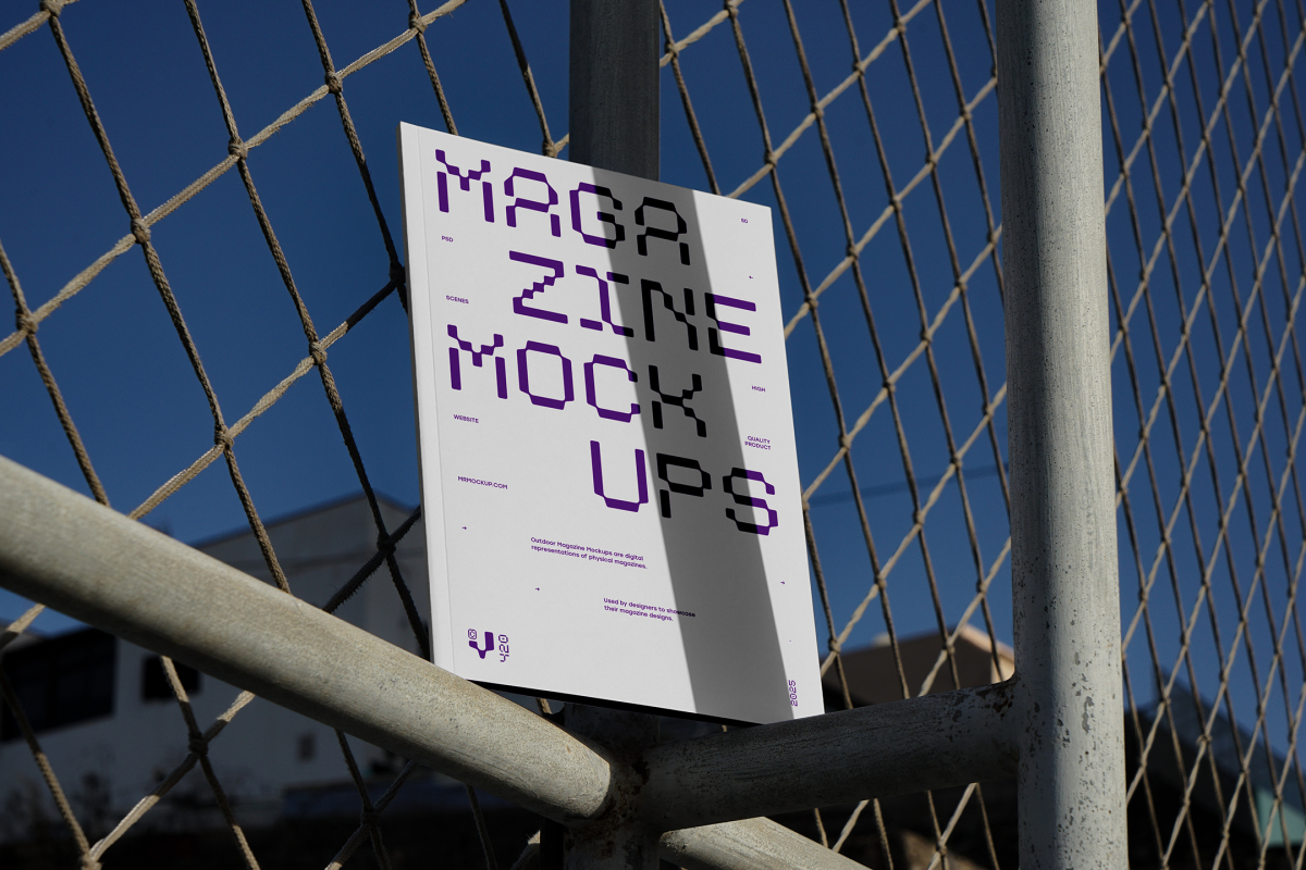Front view, of outdoor magazine mockups with strong purple typography design resists on string net.