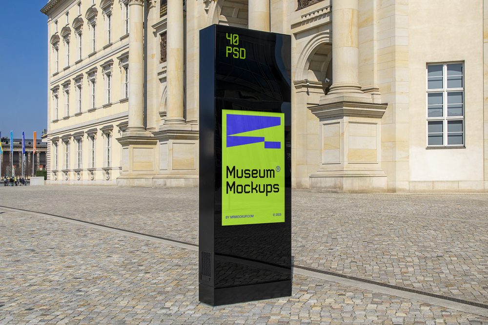 Front view, Monument Poster Mockup with neon green and purple design standing before an old architecture building. Scene from our Museum Mockups product.