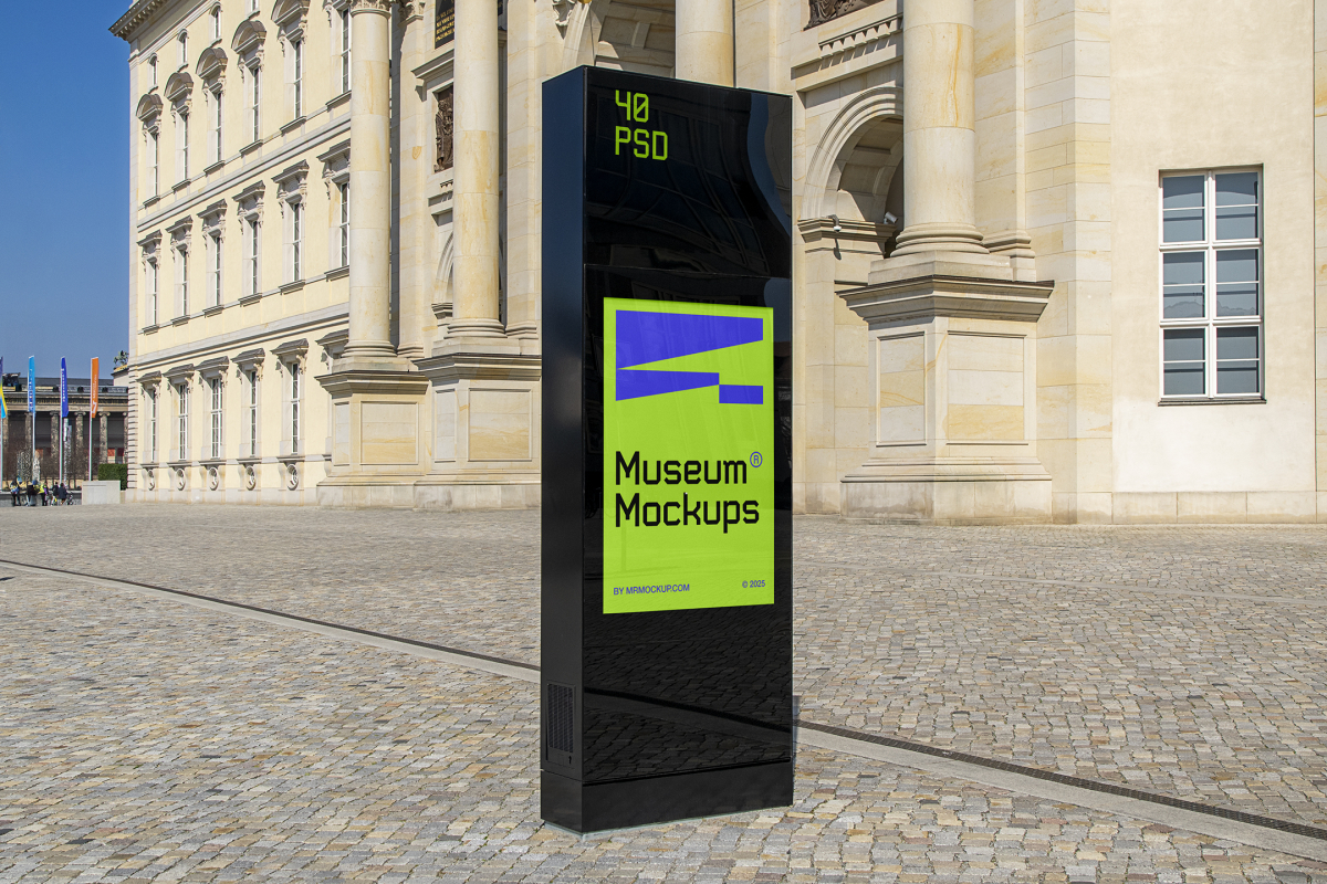 Front view, Monument Poster Mockup with neon green and purple design standing before an old architecture building. Scene from our Museum Mockups product.