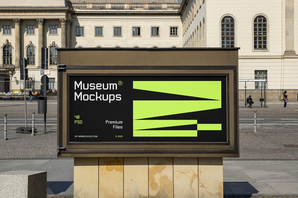 Front view, Horizontal Poster Mockup with white, black, and neon green geometric design in front of the an old building. Scene from our Museum Mockups product.