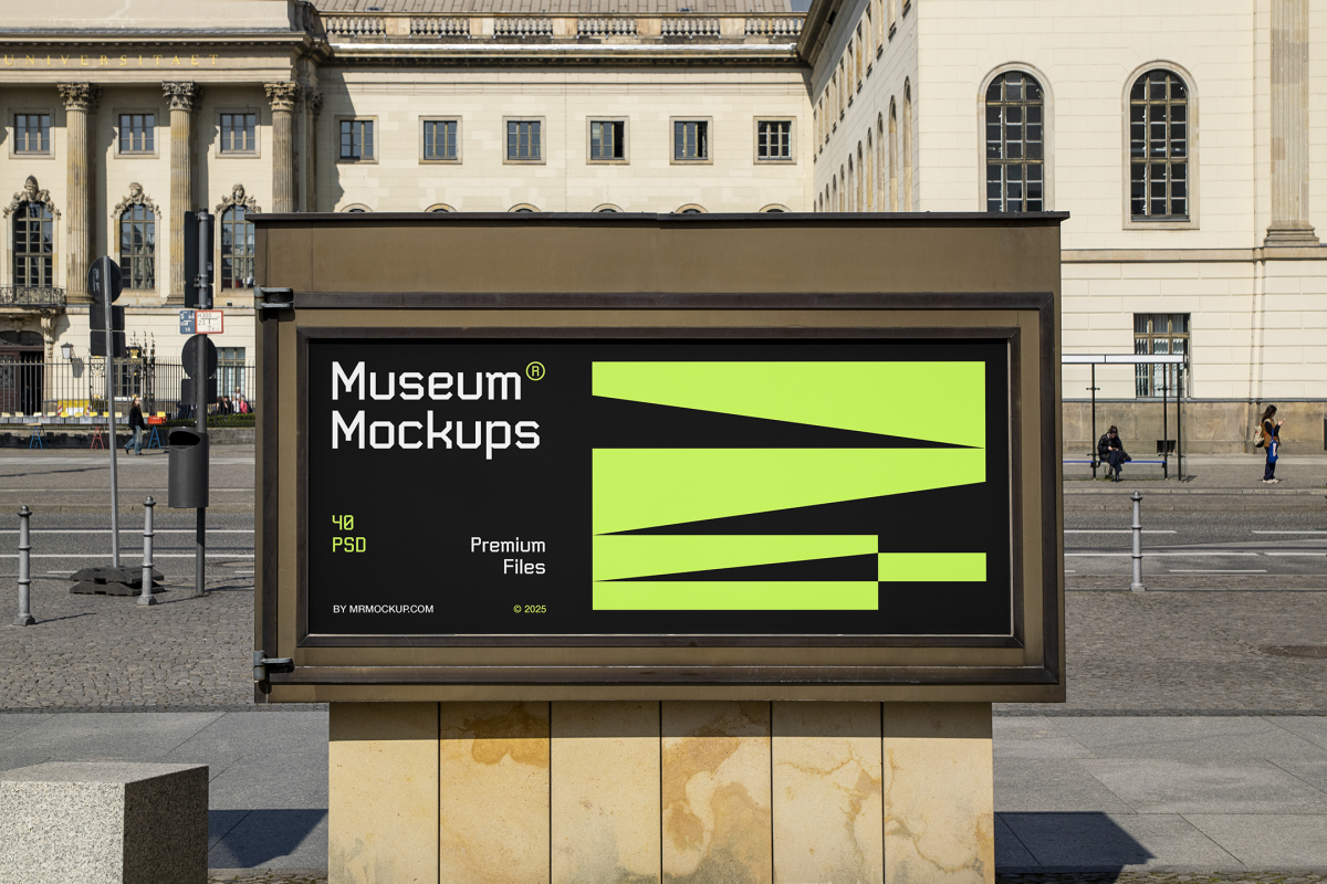 Front view, Horizontal Poster Mockup with white, black, and neon green geometric design in front of the an old building. Scene from our Museum Mockups product.