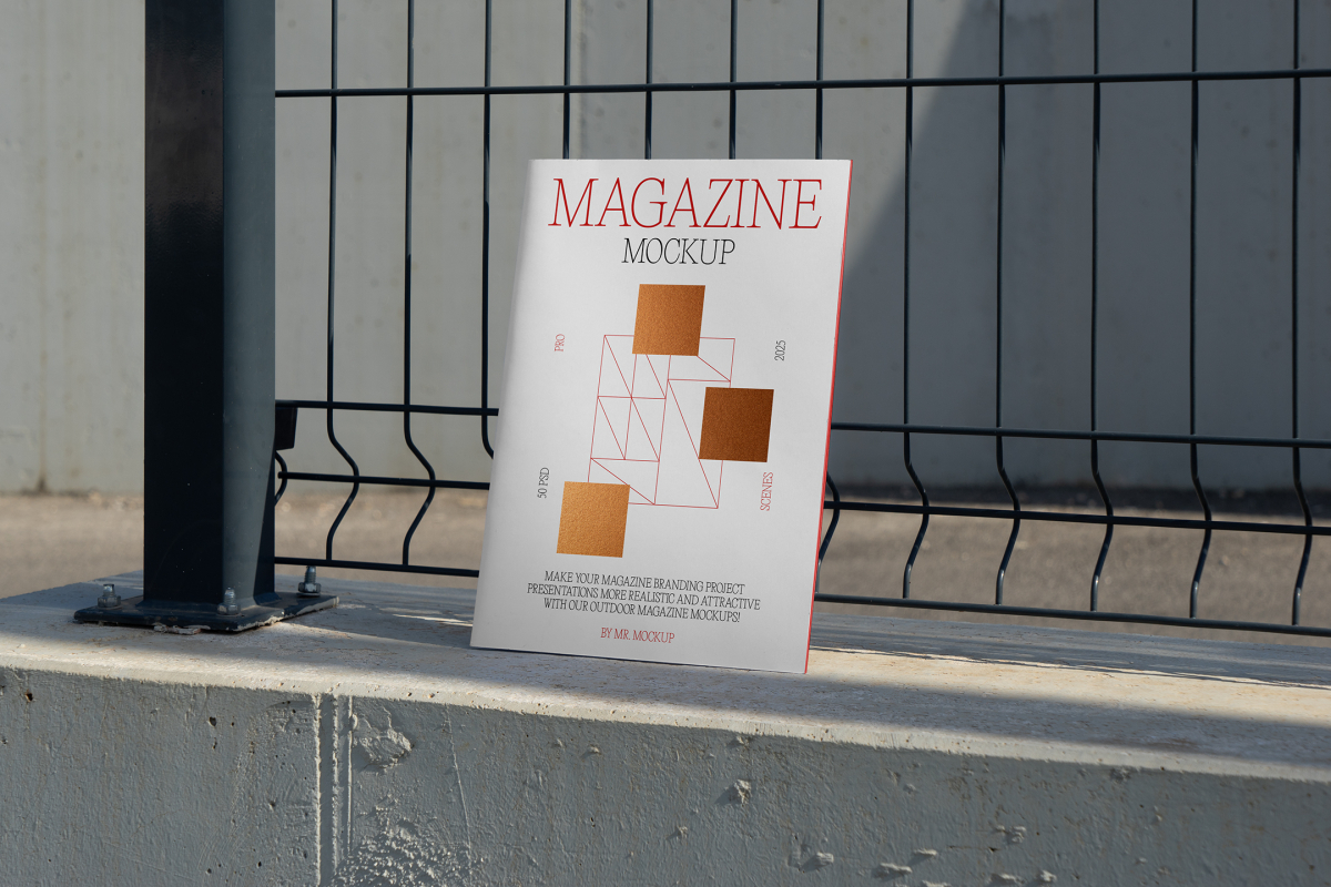 Front view, of outdoor magazine mockups with simple minimalist design in black and red color, serif typography, and square foil pattern resists on metal net fence in black color.