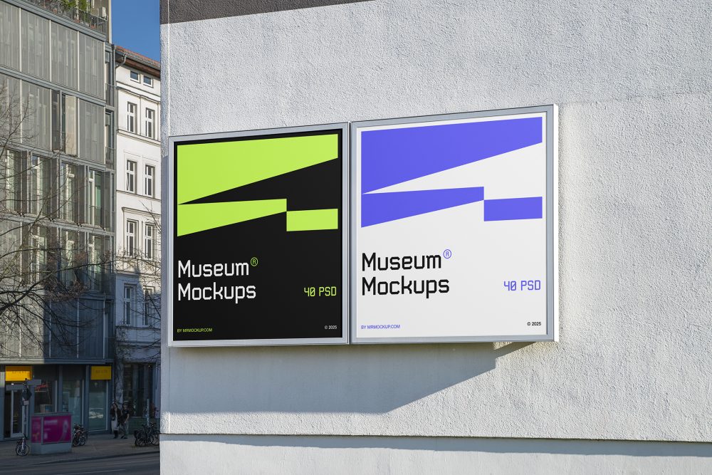 Front view, Two Banner Mockups with white, purple, and neon green geometric designs attached to the building elevation. Scene from our Museum Mockups product.