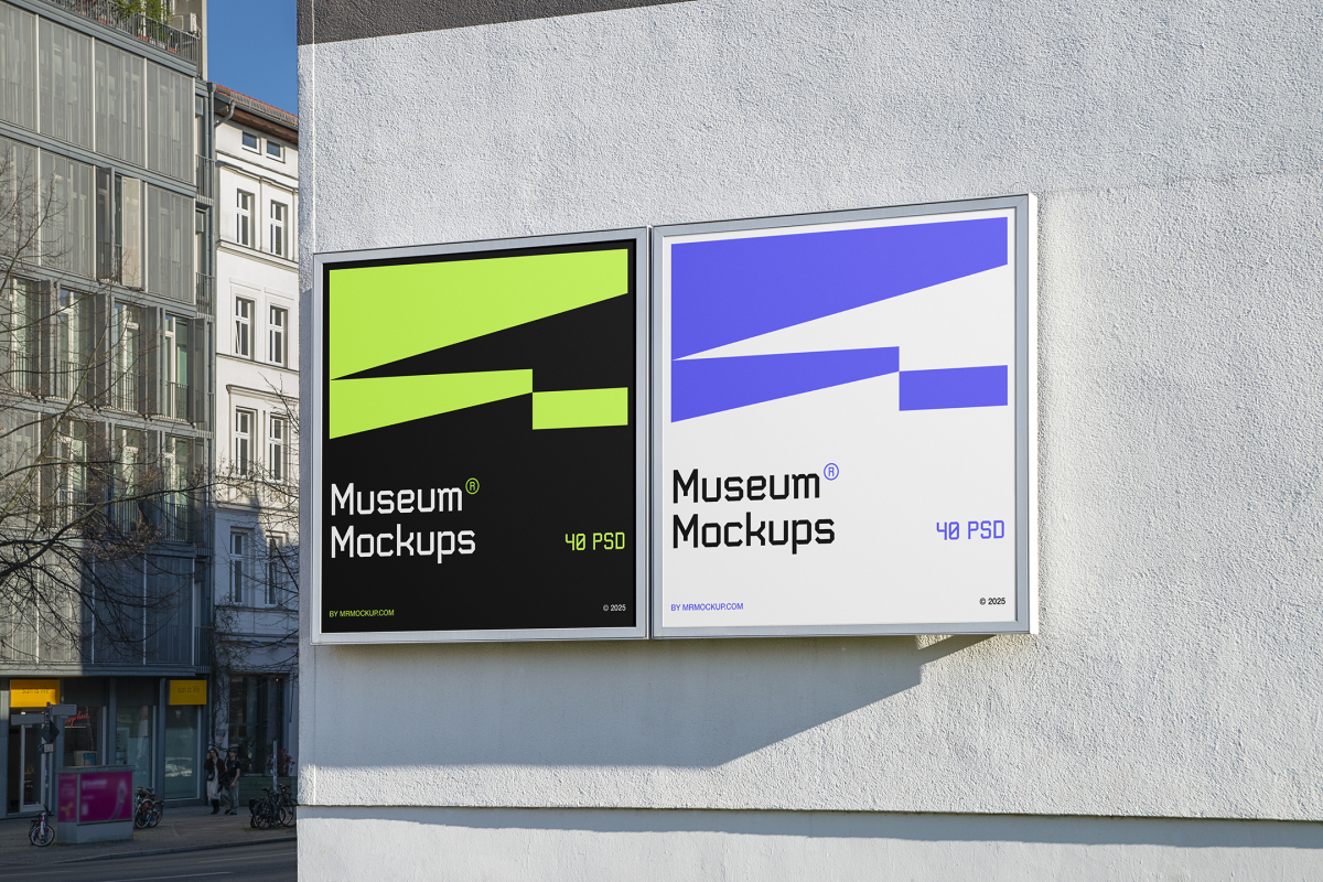 Front view, Two Banner Mockups with white, purple, and neon green geometric designs attached to the building elevation. Scene from our Museum Mockups product.
