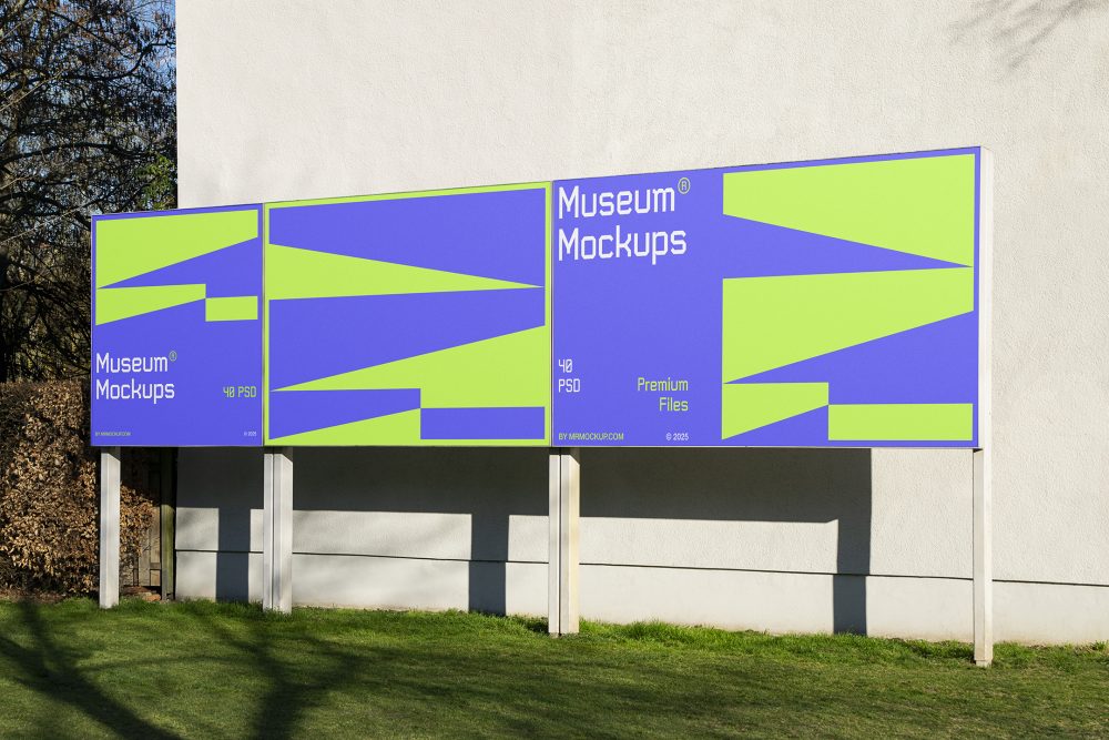 Front view, Three Rectangle Banner Mockup with white, purple, and neon green geometric designs and metal construction standing in front of the beige building wall. Scene from our Museum Mockups product.