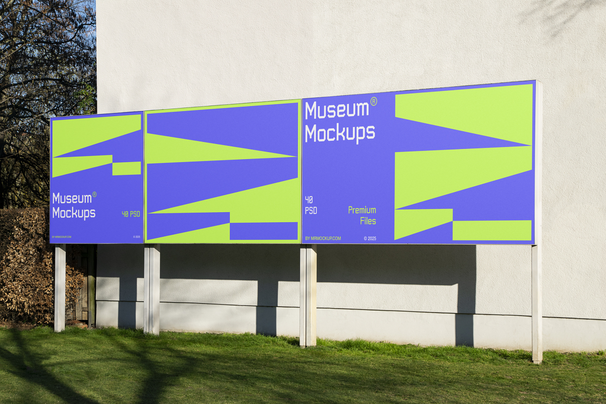 Front view, Three Rectangle Banner Mockup with white, purple, and neon green geometric designs and metal construction standing in front of the beige building wall. Scene from our Museum Mockups product.