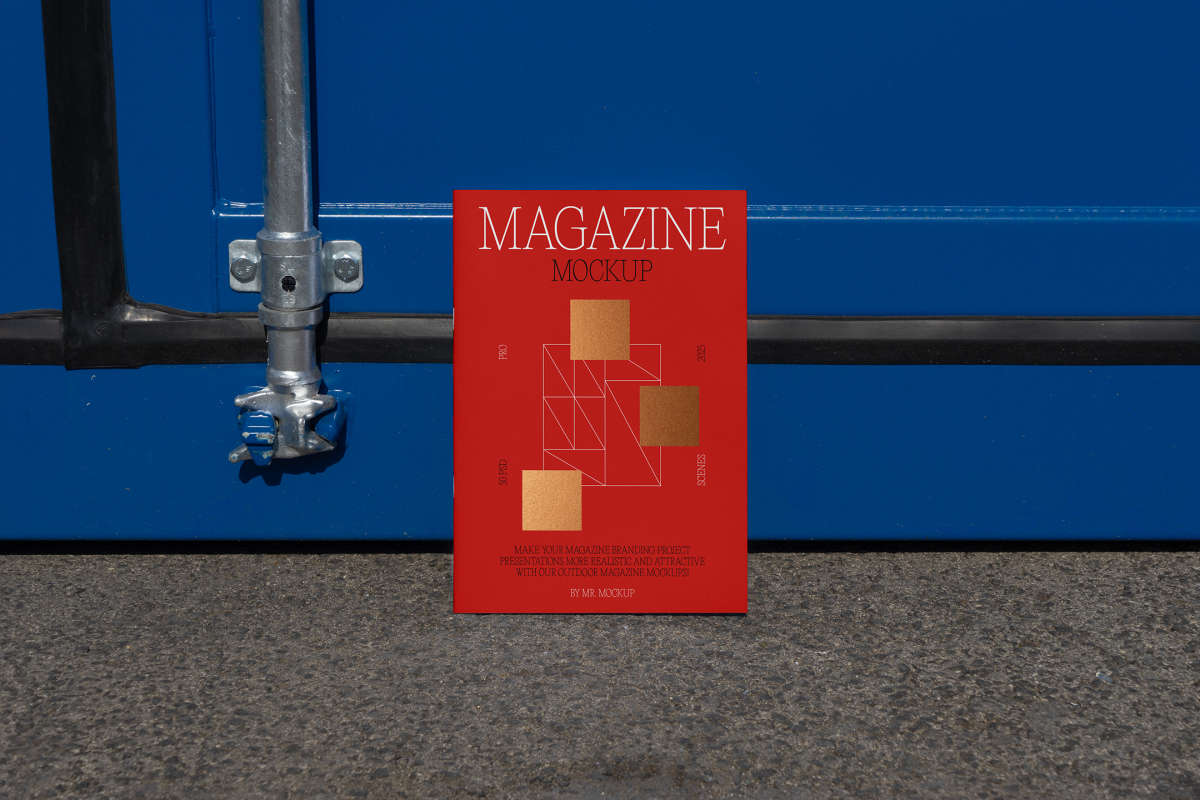 Front view, of outdoor magazine mockups with simple minimalist design in black and red color, serif typography, and square foil pattern resist on the blue container color.