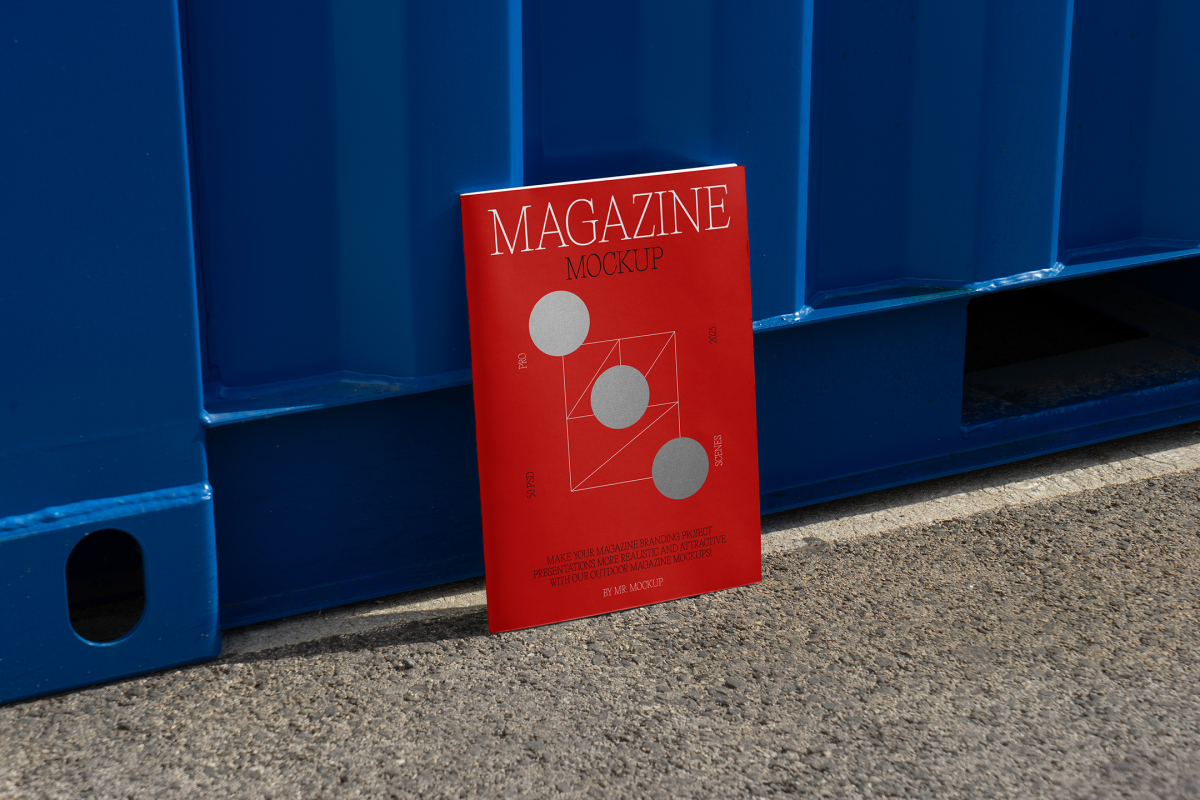Front view, of outdoor magazine mockups with simple minimalist design in black and red color, serif typography, and circle foil pattern resist on the blue container color.