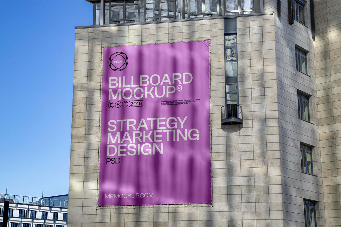 Front view, Vertical in Pink color Billboard Mockup with strong white and black typography design hanging on the building wall.