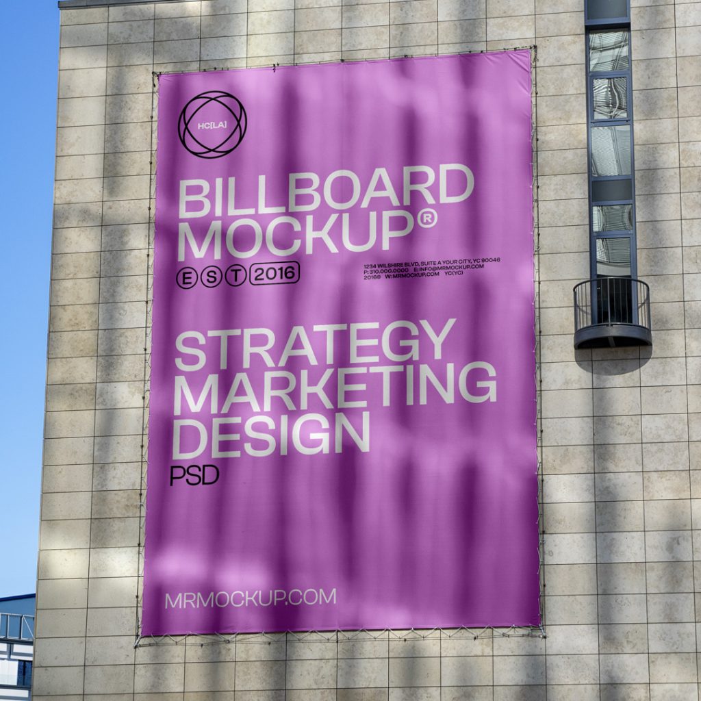 Front view, Vertical in Pink color Billboard Mockup with strong white and black typography design hanging on the building wall.