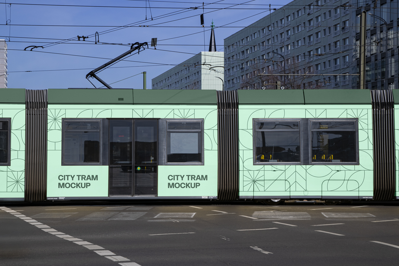 Front View side of City Tram Mockup with two green tints and geometric patter, strong typography against the city view.