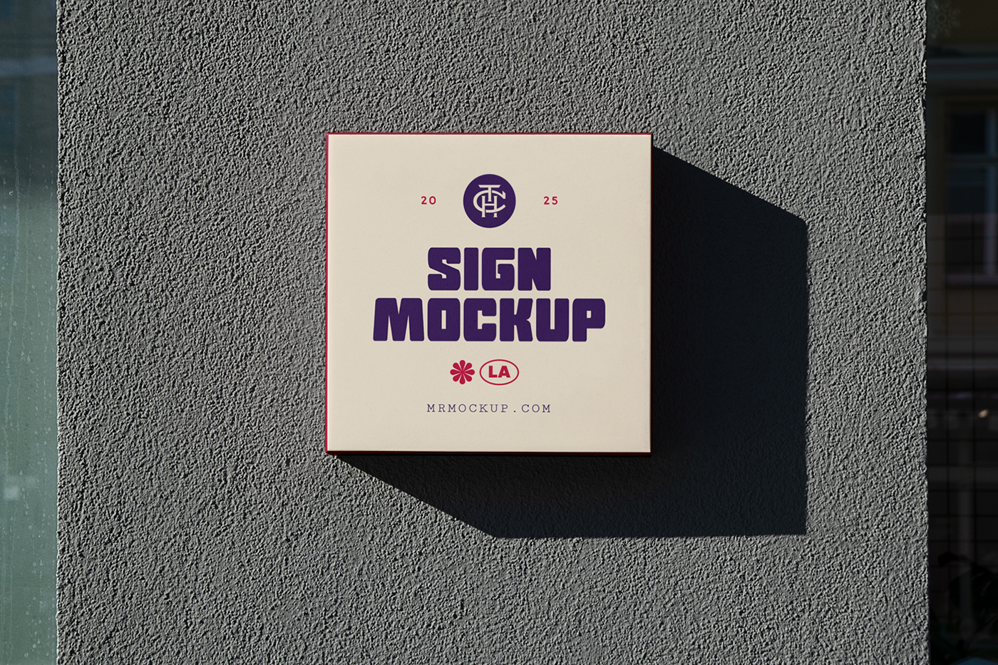 Front view, Street Sign Mockup with red and crème color and purple strong typography design attached to the gray wall.