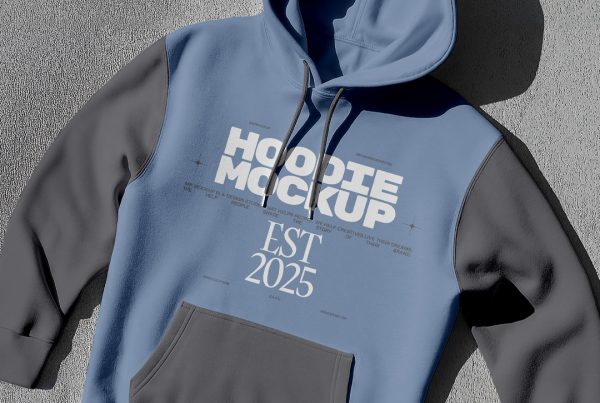 Laying a Hoodie Mockup with a dark gray and navy color on the gray color floor.