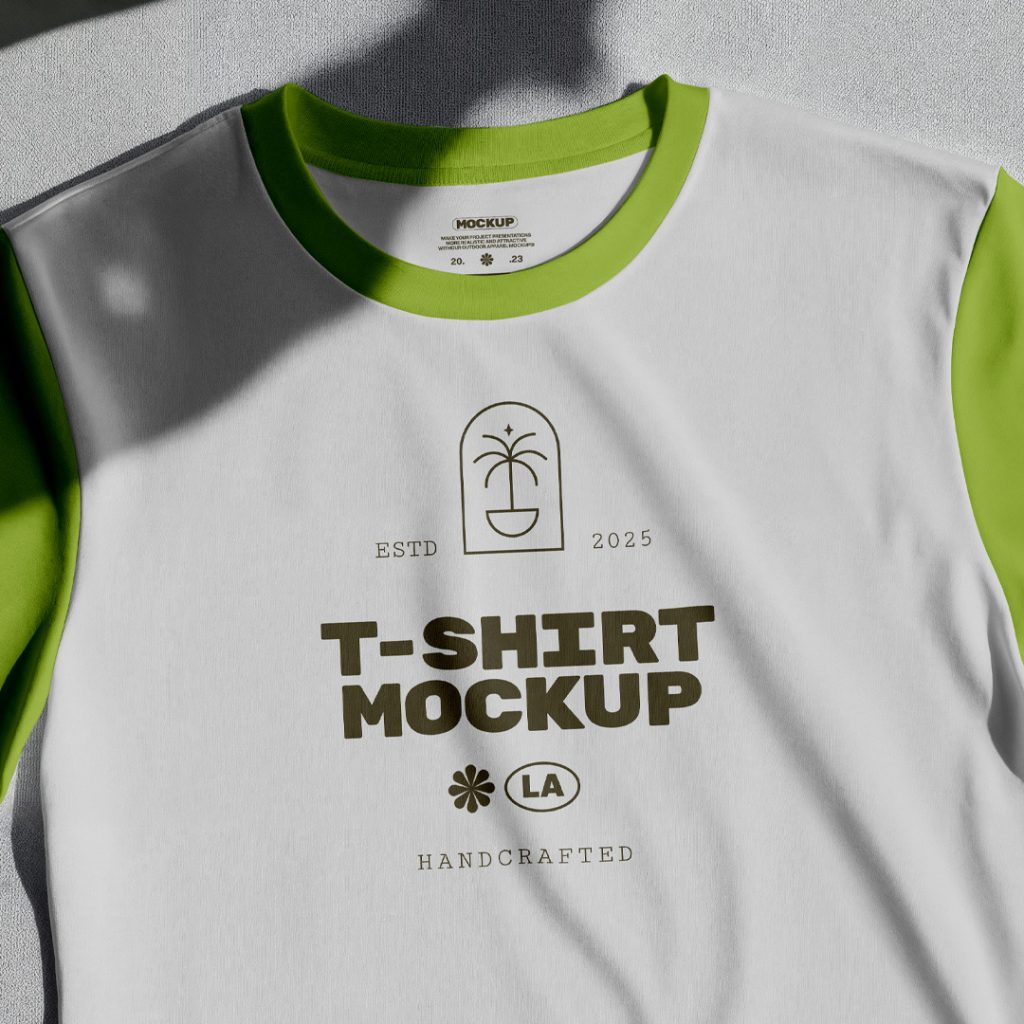 Laying T-Shirt Mockup with a dark green color logo on the gray color floor.