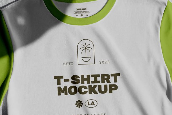 Laying T-Shirt Mockup with a dark green color logo on the gray color floor.