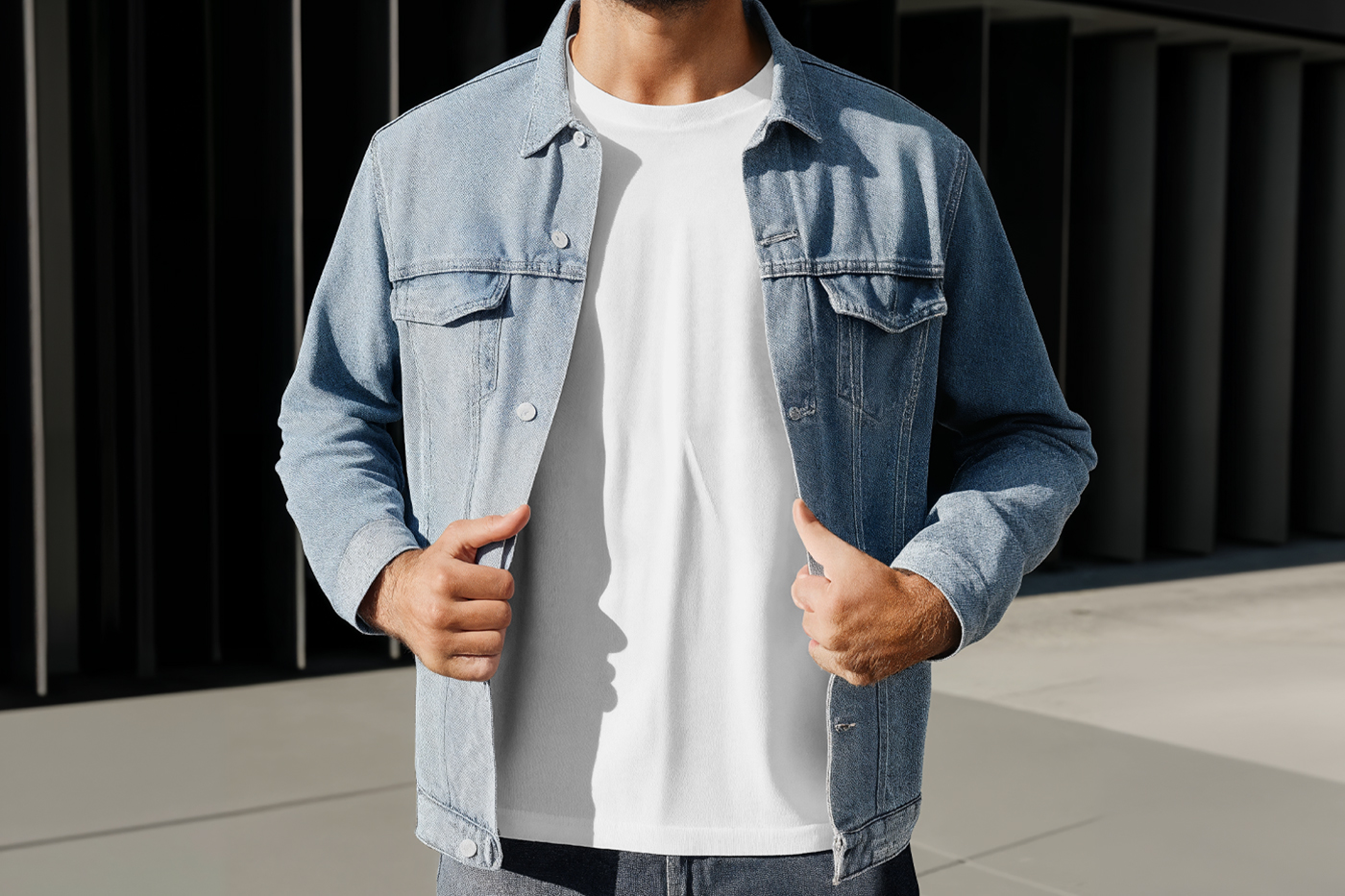 Standing men wearing a denim jacket and a White T-Shirt Mockup in front of the black wall.