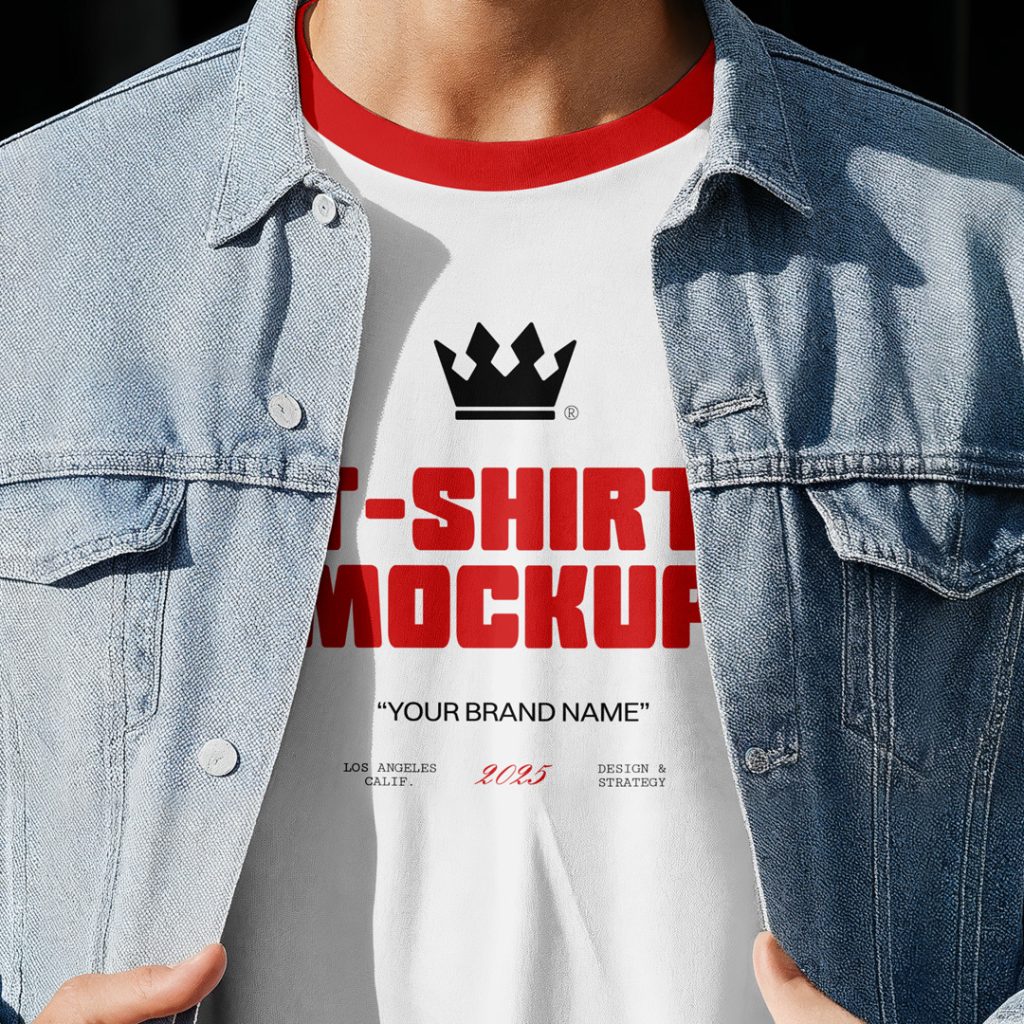 Standing men wearing a denim jacket and T-Shirt, Mockup with a red logo in front of the black wall.