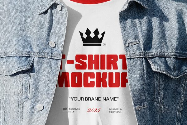 Standing men wearing a denim jacket and T-Shirt, Mockup with a red logo in front of the black wall.