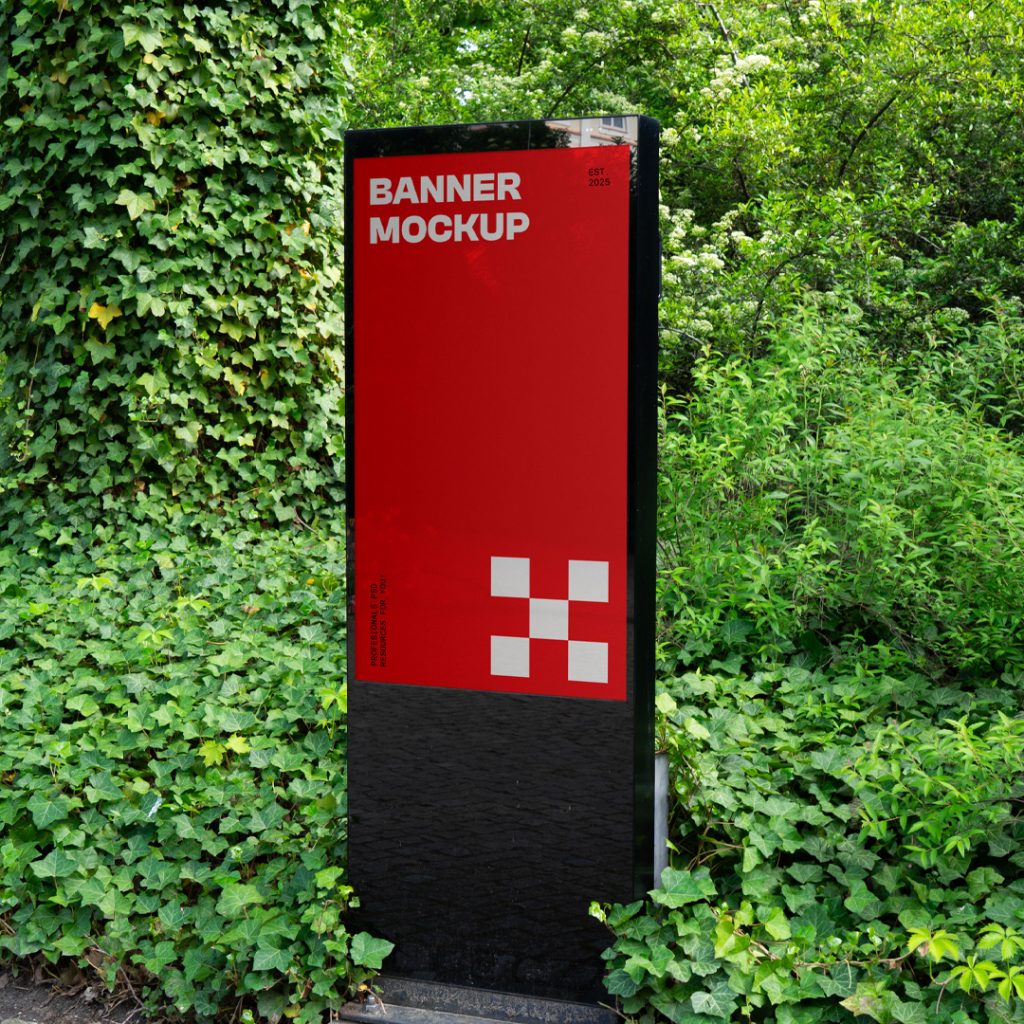 Front view, Outdoor Digital Mockup in red color and a white typography design against the city forest.