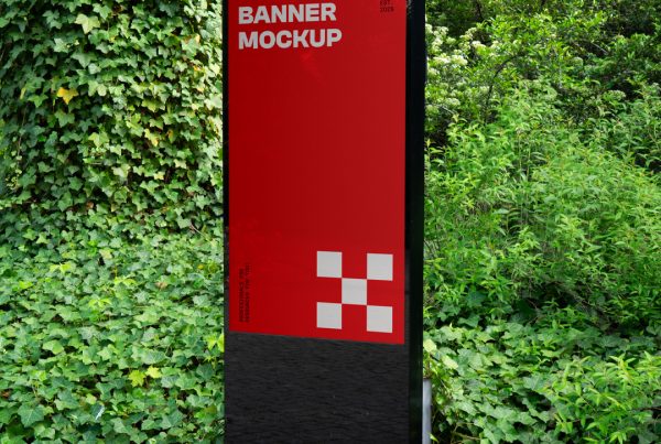 Front view, Outdoor Digital Mockup in red color and a white typography design against the city forest.