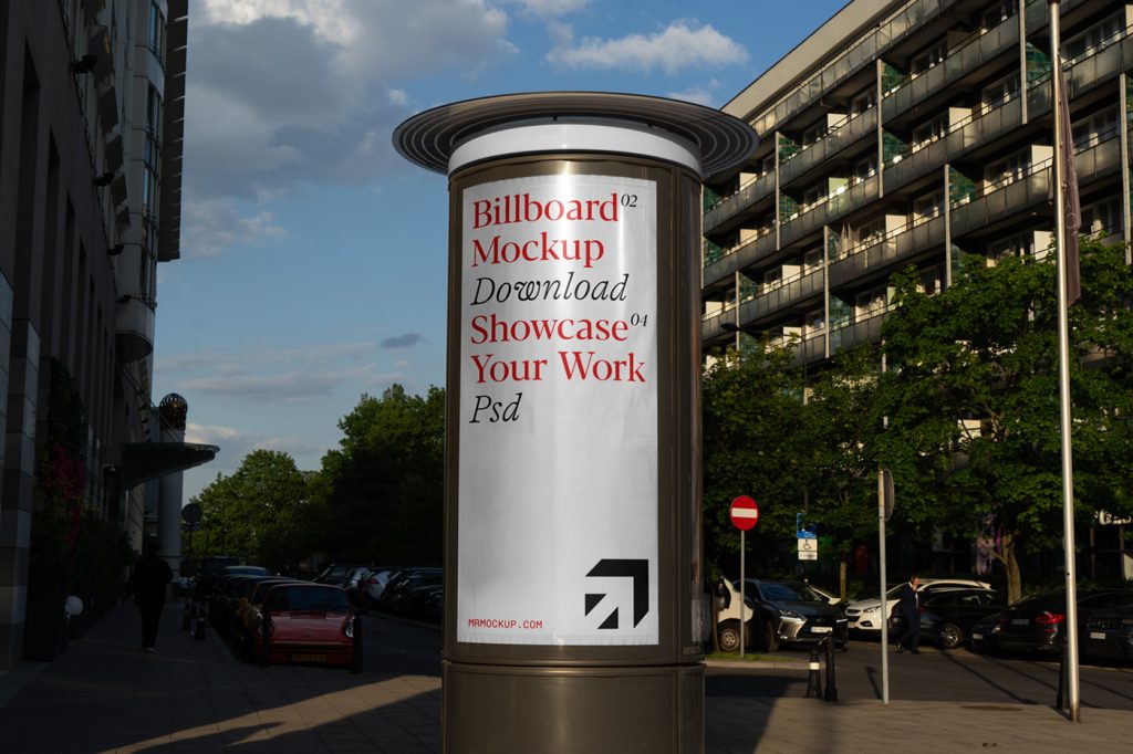 Front view, Outdoor Billboard Mockup with strong red and black typography design against the city view.