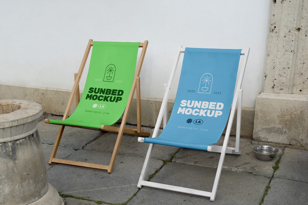 Two Sunbeds Mockups with green and blue color and strong typography design standing in front of the white wall.