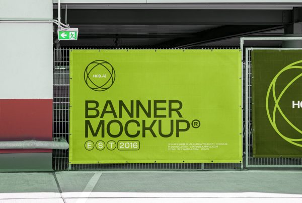 Front view, Urban Banner Mockups in green color with strong typography design hanging on the parking fence.