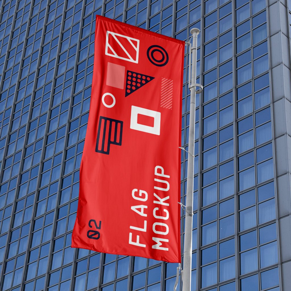 Front view single Red Waving Flag Mockup against big city building.